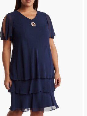 NWT MARINA Navy Crystal Teardrop Tiered Chiffon Cocktail Dress size 24W